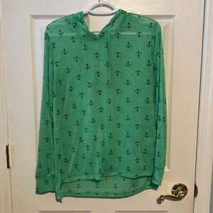 Fun green and navy anchor top with hood. Long sleeve. Size XL. No damages.